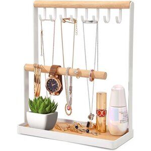 Jewelry Organizer Display Stand Holder with Wooden Ring Tray